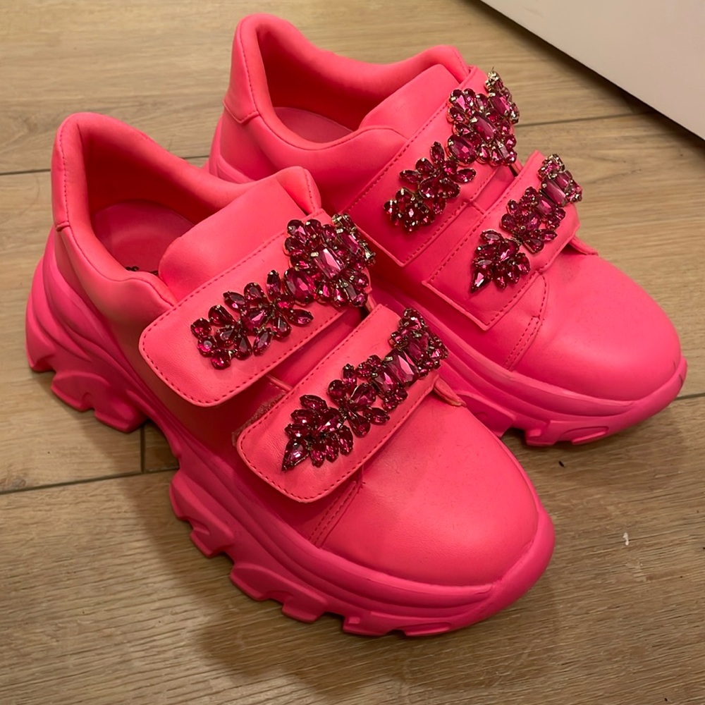Hot pink jeweled She is Cheval platform sneakers
